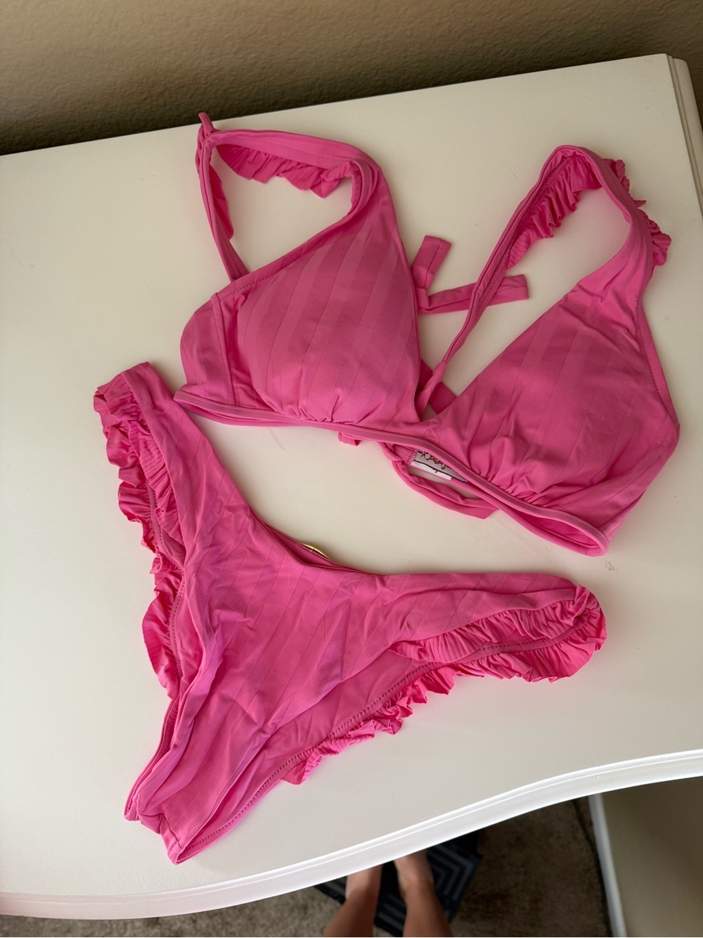 Luli Fama Hot Pink Ruffle Triangle Bikini Set